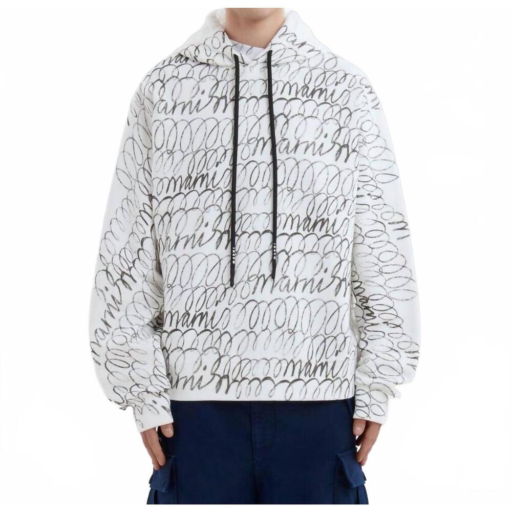 NEW MARNI scribbled organic cotton motif hoodie in natural white